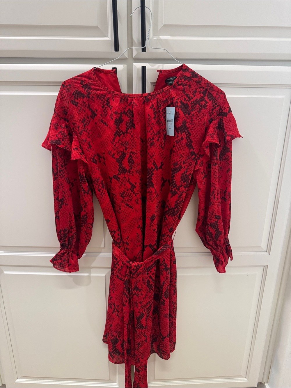 Ann Taylor Red Snake-Print Ruffle Sleeve Dress
